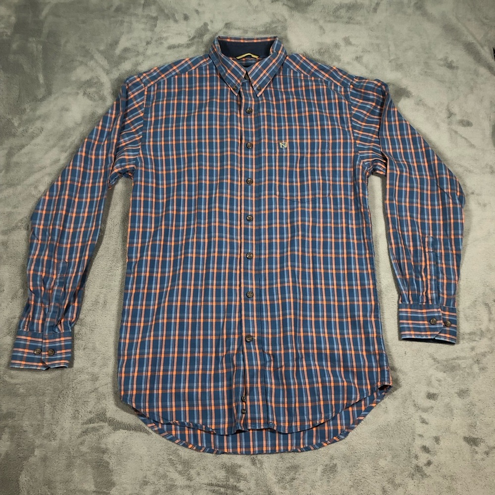Noble Outfitters Mens Orange Blue Plaid Long Sleeve Button Down Shirt Size Med